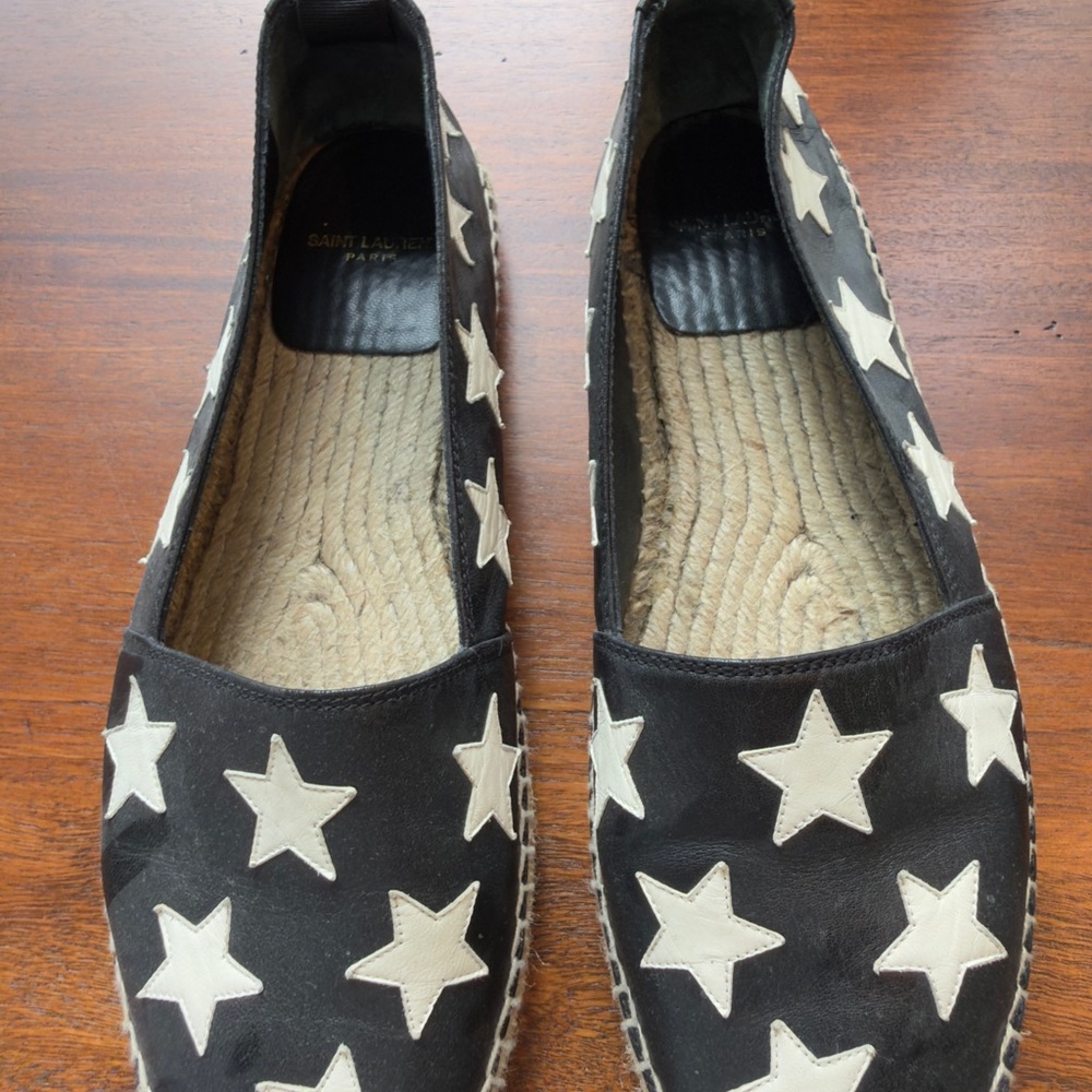 SAINT LAURENT Star Espadrilles Black and White Leather Women's EU 39.5